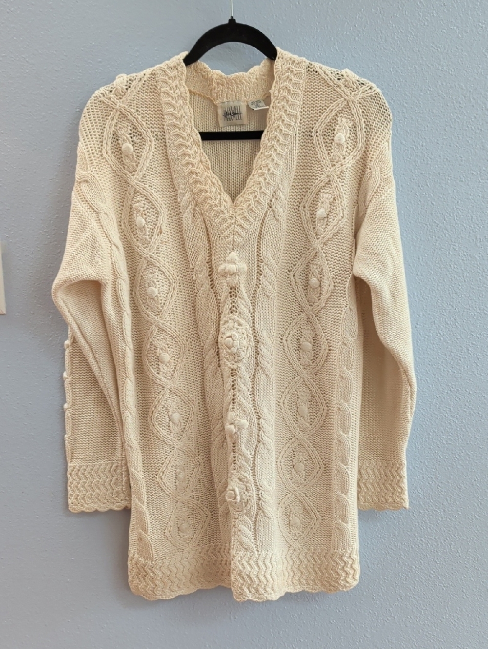 Jason Maxwell 80s Vintage Cream Cable Knit Fisherman V-Neck Sweater